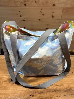 Light Blue Floral Canvas Tote Bag with funky interior pattern and Gray Straps